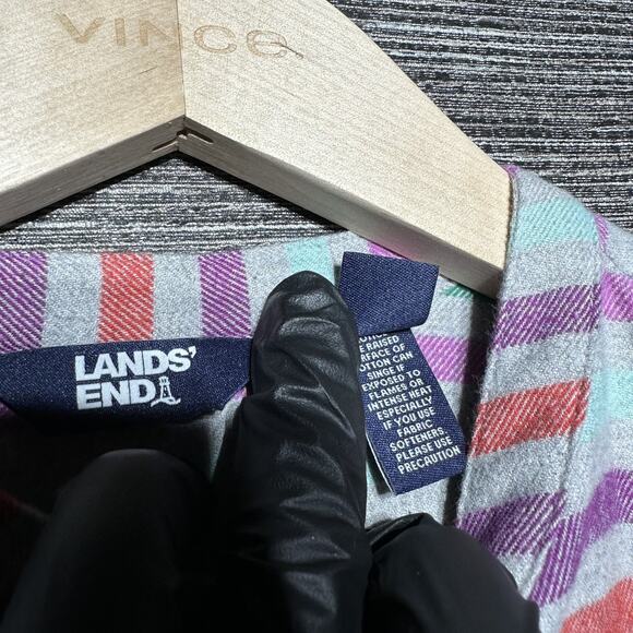 Lands' End Flannel Women's L (14-16) Gray Purple Striped Long Sleeve Button Oeko - Picture 3 of 15